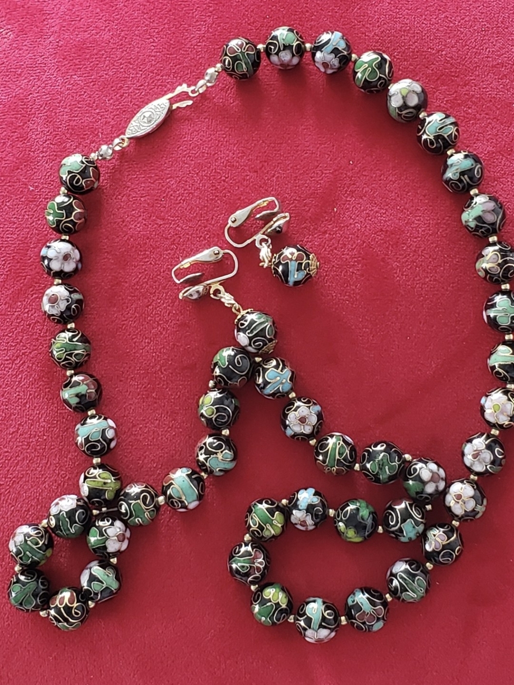 Cloisonné Bead Necklace & Earring Set in Black and Green